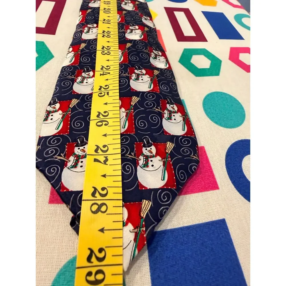 Vintage Holidays Silk Men's Tie - Festive Snowman Patchwork Pattern, Hand Made